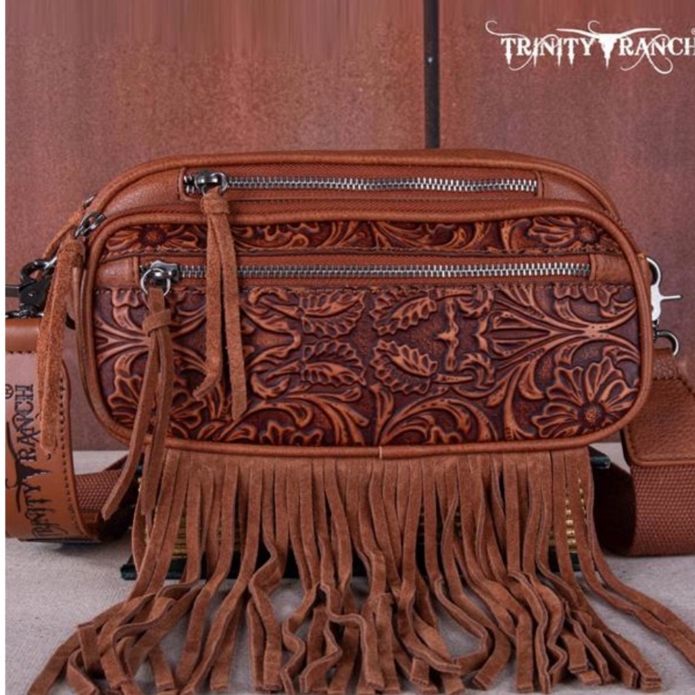 Trinity Brown Tooled Leather Crossbody Bag